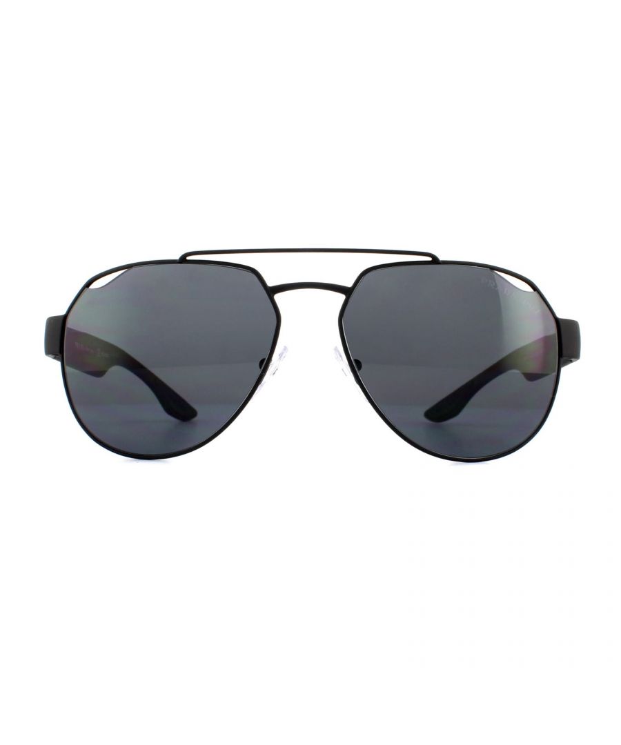 Prada Sport Sunglasses PS57US DG05Z1 Black Rubber Grey Polarized are an update on the best selling double bridge aviator style. The 57US features the new edgy cut out lens details. Nylon temples feature the red stripe logo and rubber grips to hold the sunglasses in place all day.