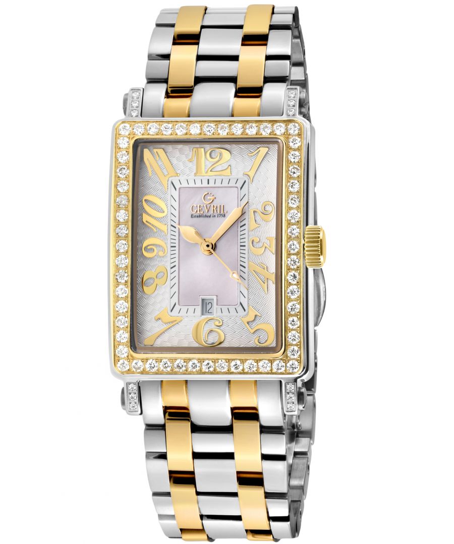 Gevril 7544YLB Avenue of Americas Mini Swiss Quartz Diamond Watch\nGevril Women's Diamond Swiss Quartz Watch from the Avenue of Americas Mini Collection\n33x25 Rectangle 316L Stainless Steel IPYG Diamond Case, White MOP Dial\nGuilloche dial and a highly stylized Arabic numeral display that is raised off the surface of the dial\nPush/Pull Crown, Date at 6:00\nLimited Edition\nTwo-Toned SS IP Yellow Gold Bracelet with Deployment Buckle\nAnti-reflective Sapphire Crystal\nWater Resistant to 50 Meters/5ATM\nSwiss Quartz Movement Ronda 784