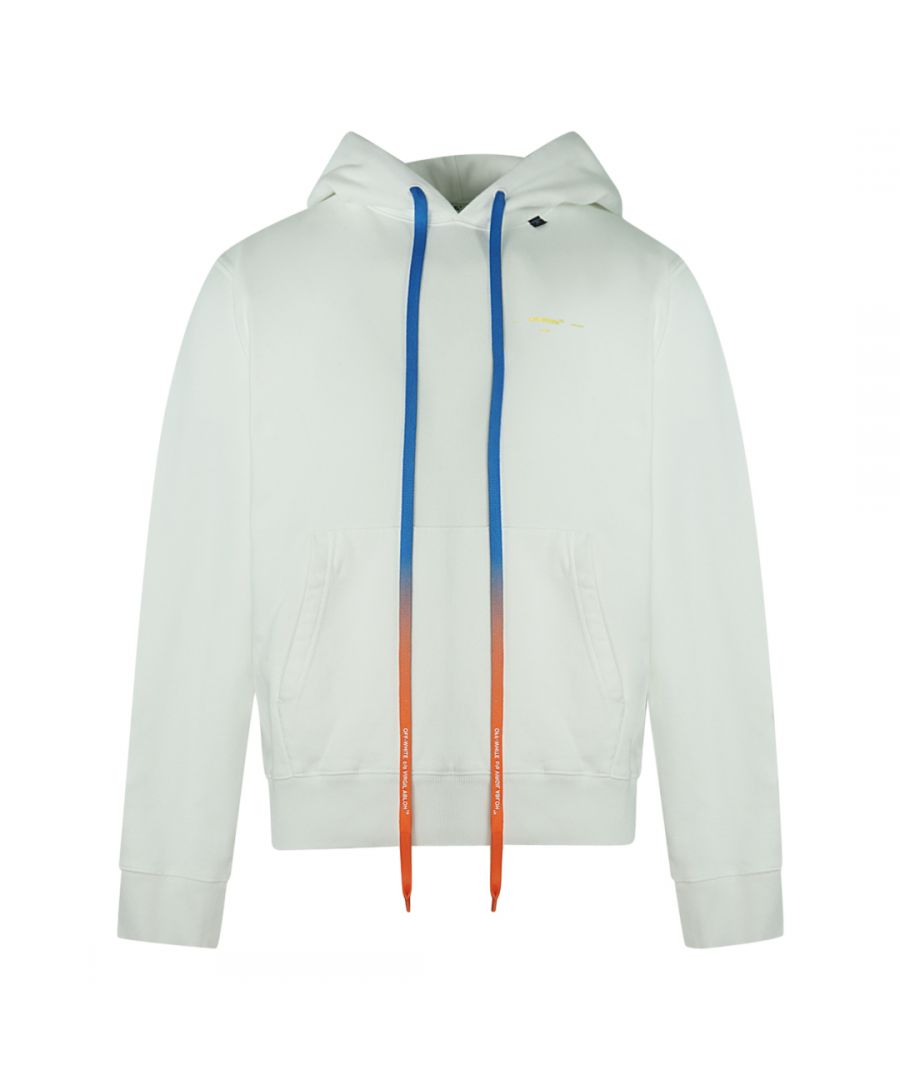 Off-White White Hoodie. Long Bright Gradient Drawstrings. Yellow and Black Arrow Design On Back. Drawstring Adjustable Hood. Style Code: OMBB034F19E300100160