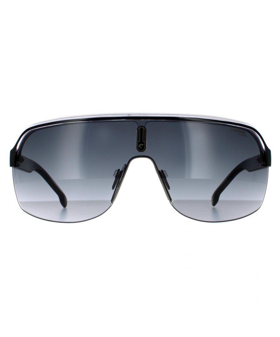 Carrera zonnebril Topcar 1/N 80s 9o zwart wit donkergrijze gradiënt zijn een zonnebril in vizierstijl met een grote lens en een dikke wenkbrauwstang met trendy kronkels over de bovenkant.