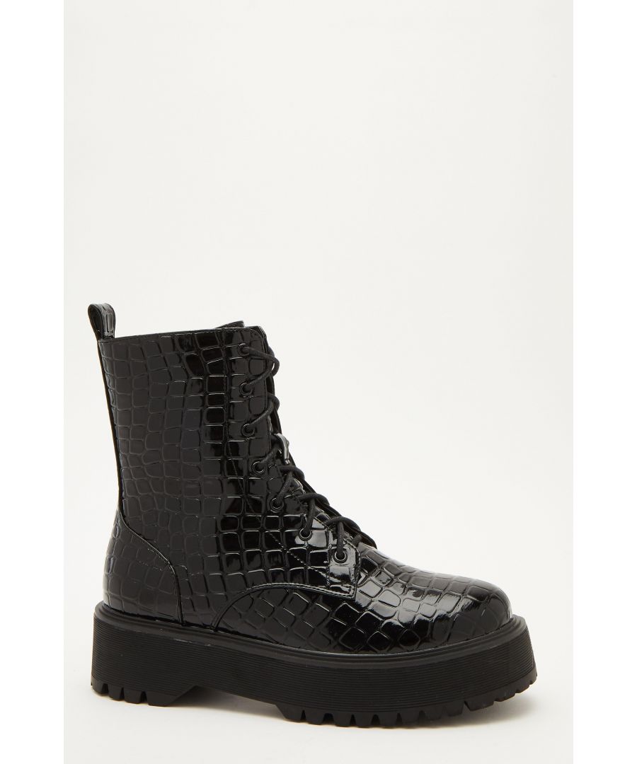 - Hiker style boots  - Crocodile effect  - Lace up  - Slip on  - Heel height 2'' approx  - Upper, sole & Lining: Synthetic