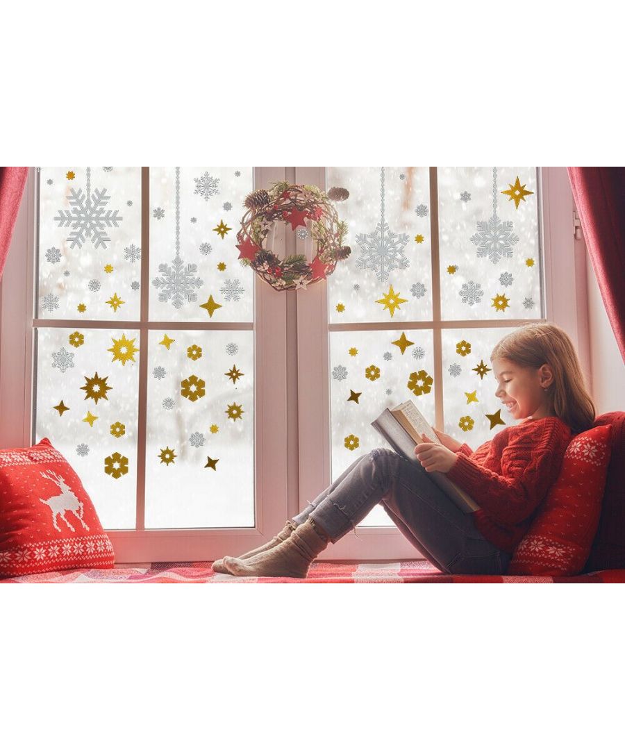 - Enjoy a glamorous Christmas decoration with our Shining Christmas Snowflakes set and let your rooms bright! \n- We design and produce all our wall stickers not only to be easy to apply but also to be flexible, so you can use it to windows, walls, drawers, staircase, furniture, cabinet, ceiling, door, appliances & many more flat surfaces.\n- This product is easy to apply and easy removable using hair dryer,If applied on wallpaper the sticker will NOT be REMOVABLE. \n- Can be applied on laminated surfaces but might cause damage when removed. \n- The package contains 1 sheet of 60 x 60 cm containing 45 stickers and 1 sheet of 60 x 30 cm containing 60 stickers.