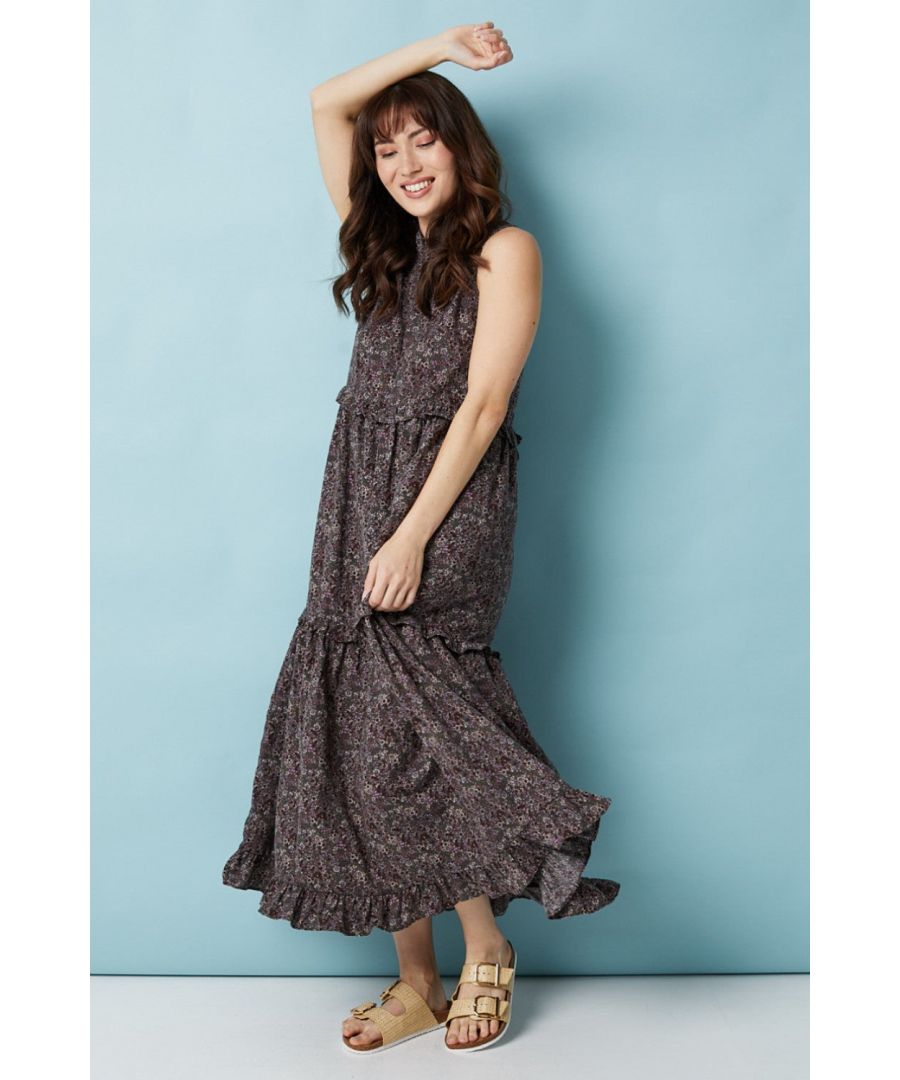 Every collection needs an on trend floral smock dress. With a high round neck featuring a tie detail, a sleeveless fit and a tiered smock skirt sitting below the knee. Pair with flat sandals and a denim jacket for an everyday casual look.