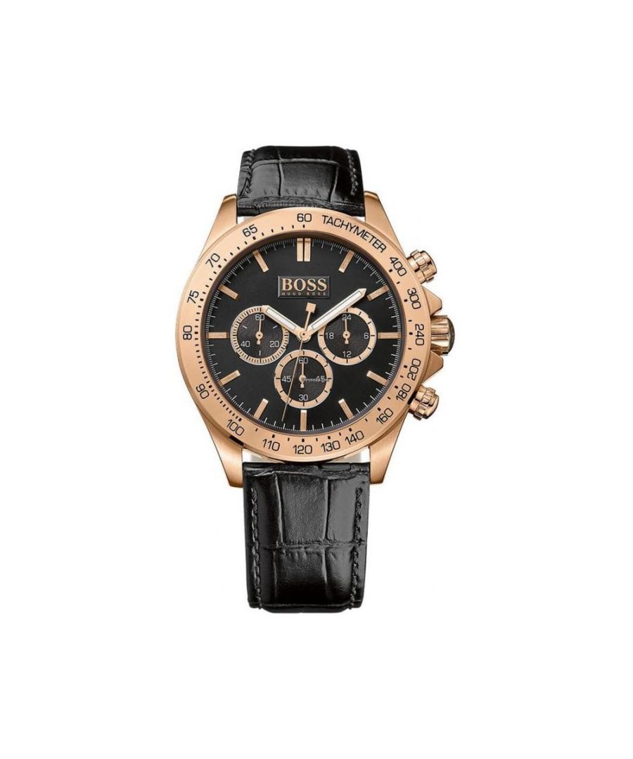 PRODUCT INFO\t\t\tCase Diameter: 46mm\tCase Material: PVD Rose Gold Stainless Steel\t\t\tWater Resistant: 100 Metres\tMovement: Quartz (Battery)\tDial Colour: Black \t\t\tStrap Material: Leather\tClasp Type: Strap Buckle\t\t\tGender: Male\tDESCRIPTION\t\t\t\t\tThis Hugo Boss Mens watch is complete with a Japanese Quartz movement and chronograph function.\t\t\t\t\tIt will add a little bit of elegance and sophistication to the office complementing your crisp suit and tie. Undeniably stylish with a black dial, rose gold colour baton hour markers and fastens with a leather strap.  \tFREE Home Delivery - Including Next Day Service*\tAvailable for gift wrap\tReturns policy