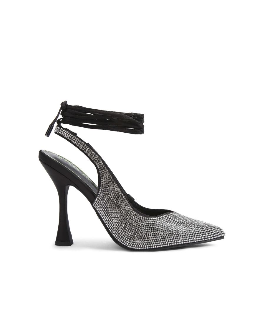 The Atlanta heel features a crystal embellished upper in slingback style. The ankle has a removable exaggerated wrap lace. Heel height: 10.5cm. Silver toned KG stud on the outer sole. This product is registered with The Vegan Society. Material: Textile. Style number: 9352005069