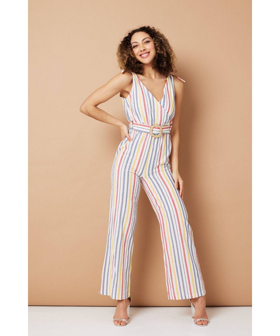 Add some colour to your new season wardrobe with this rainbow stripe jumpsuit. It has tie shoulders, a plunge v-neck and a tie waist with wide legs. Wear with strappy heels at night and trainers for aCasual style.