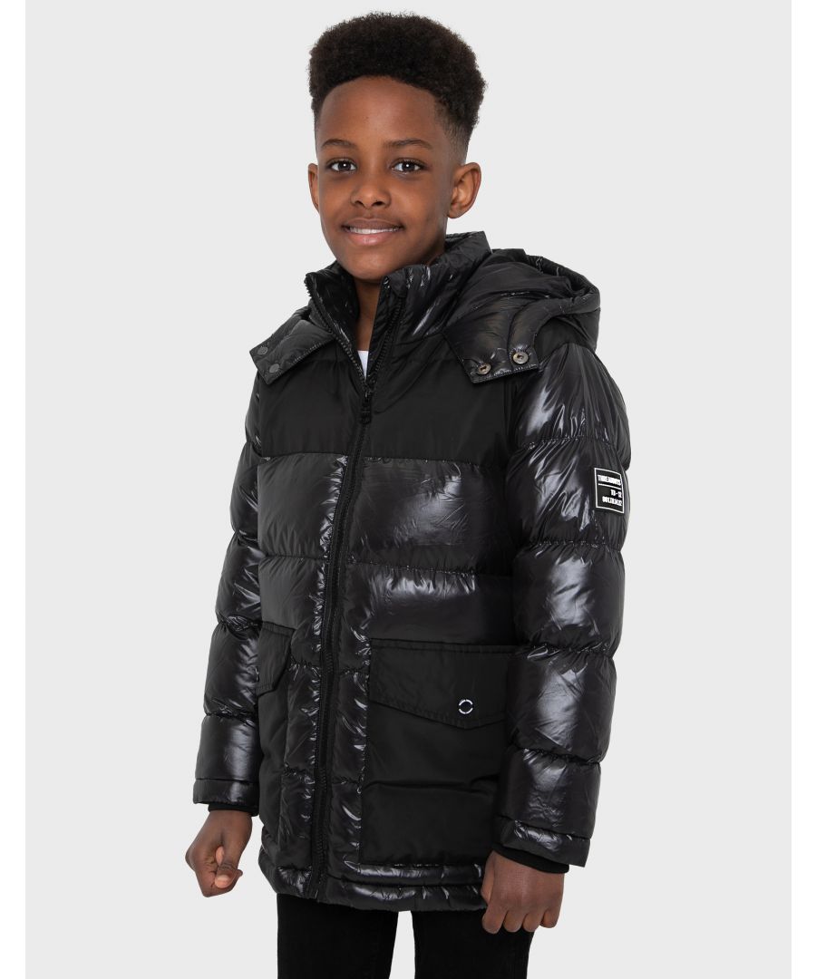 This tonal zip fastening hooded padded jacket from Threadboys features two side pockets. It has a branding badge on the sleeve and internal print on the lining. Perfect for keeping warm and dry for back to school, other styles available.