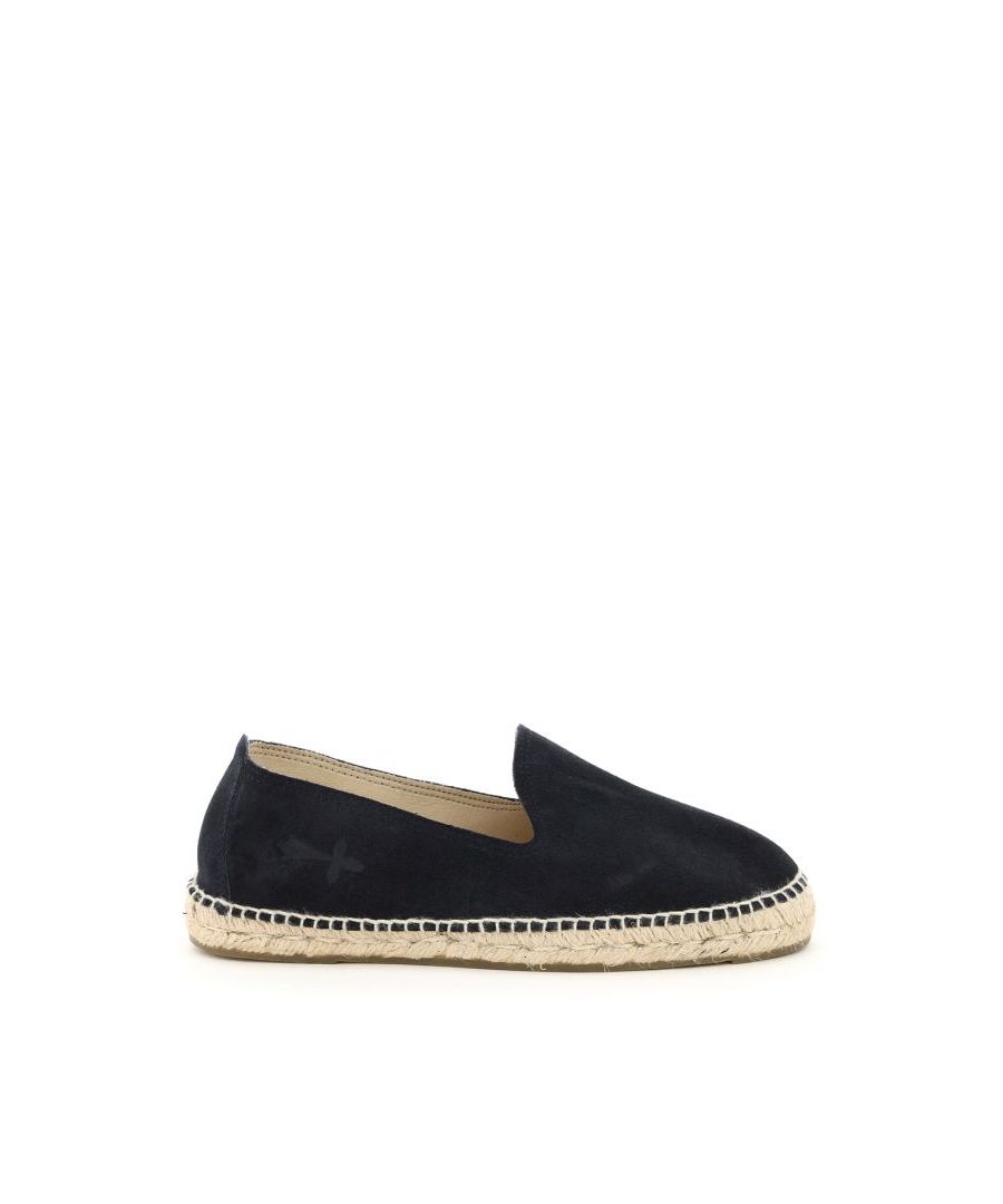 Hamptons suede leather espadrilles by Manebì with side debossed logo. Woven jute base, fabric lining, natural rubber outsole.