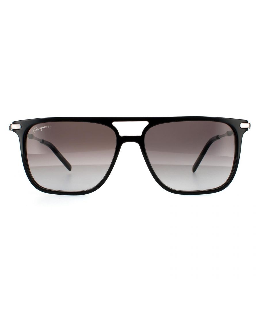 Salvatore Ferragamo Square Mens Black and Silver Grey Gradient Sunglasses SF966S are a stylish square style crafted from premium acetate. They feature a thin metal bridge above the nose for a nice design touch. The Salvatore Ferragamo logo on the temple tips adds authenticity