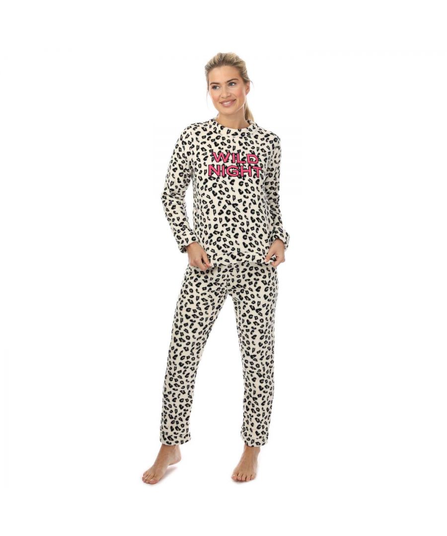 Brave Soul fleece pyjamaset voor dames met luipaardenprint, ecru