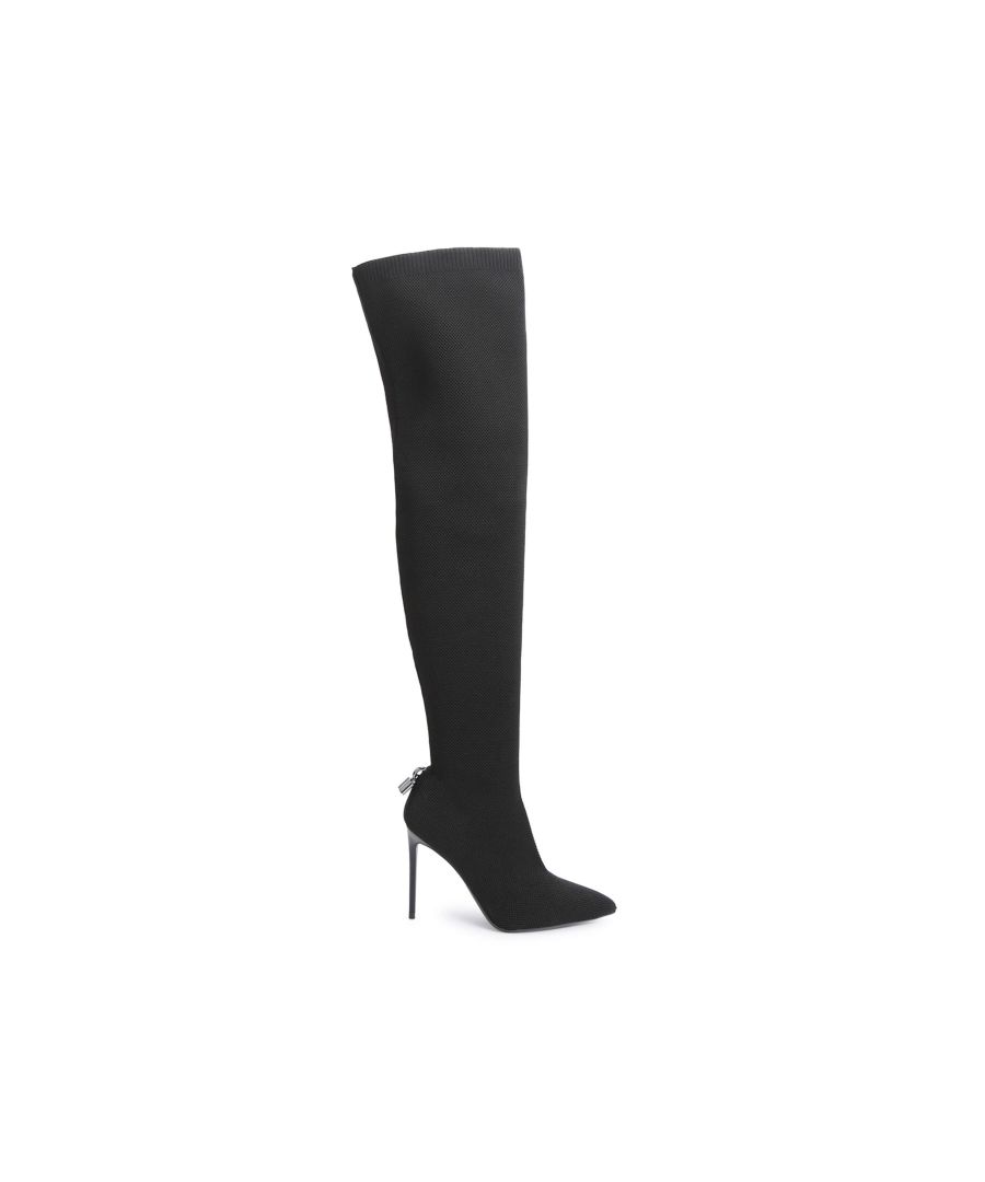 The Vixen Ankle boot features a knitted upper with over the knee length. The back of the ankle features a black metal branded padlock. Heel height: 100mm. This product features 'All Day Long' technology. Material: Knitted.