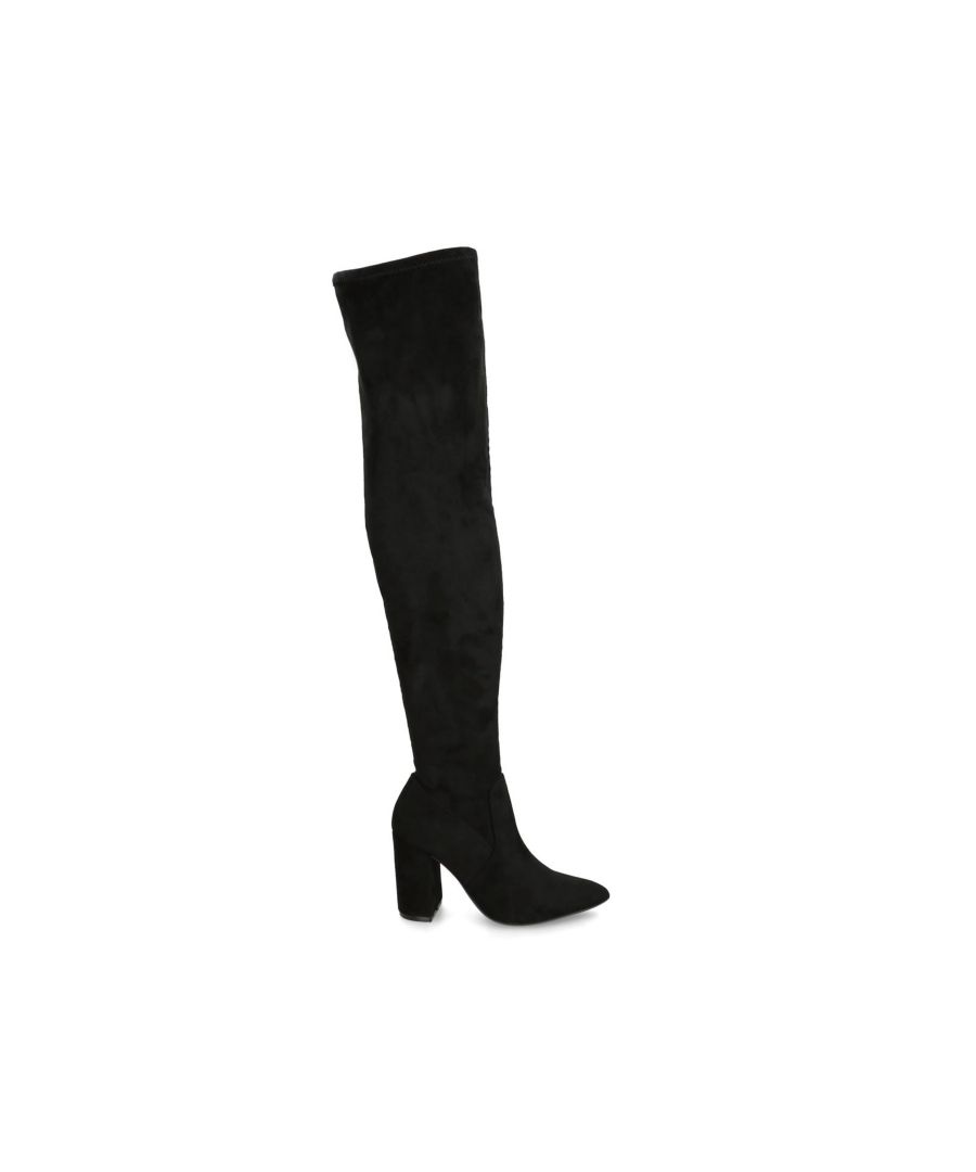 The Vivi is a knee high boot in a black microsuede. The back of the high ankle features a small gunmetal Icon C pin. The heel is in a block style. Heel height: 90mm. Concealed zipper on the inner side. This product features 'All Day Long' technology. Material: Microsuede