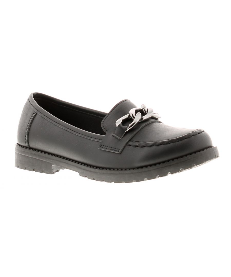 Miss Riot Sophie Older Girls School Shoes Black. Manmade Upper. Fabric Lining. Synthetic Sole. Older Girls Synthetic Loafer Chunky Metal Chain Trim.