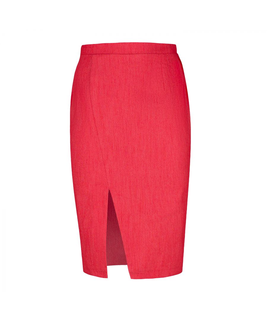 This pencil skirt is crafted in red stretch denim style fabric in earthy shades. It has a 4cm wide waistband in the same fabric with darts below in the back. There is an off-centre slit in the front. It fastens in the back with a concealed zip. This pencil skirt is knee length and has a blue lining. Heels and an off-shoulder top will take this skirt and you for a night on the town! This skirt is eco-friendly.