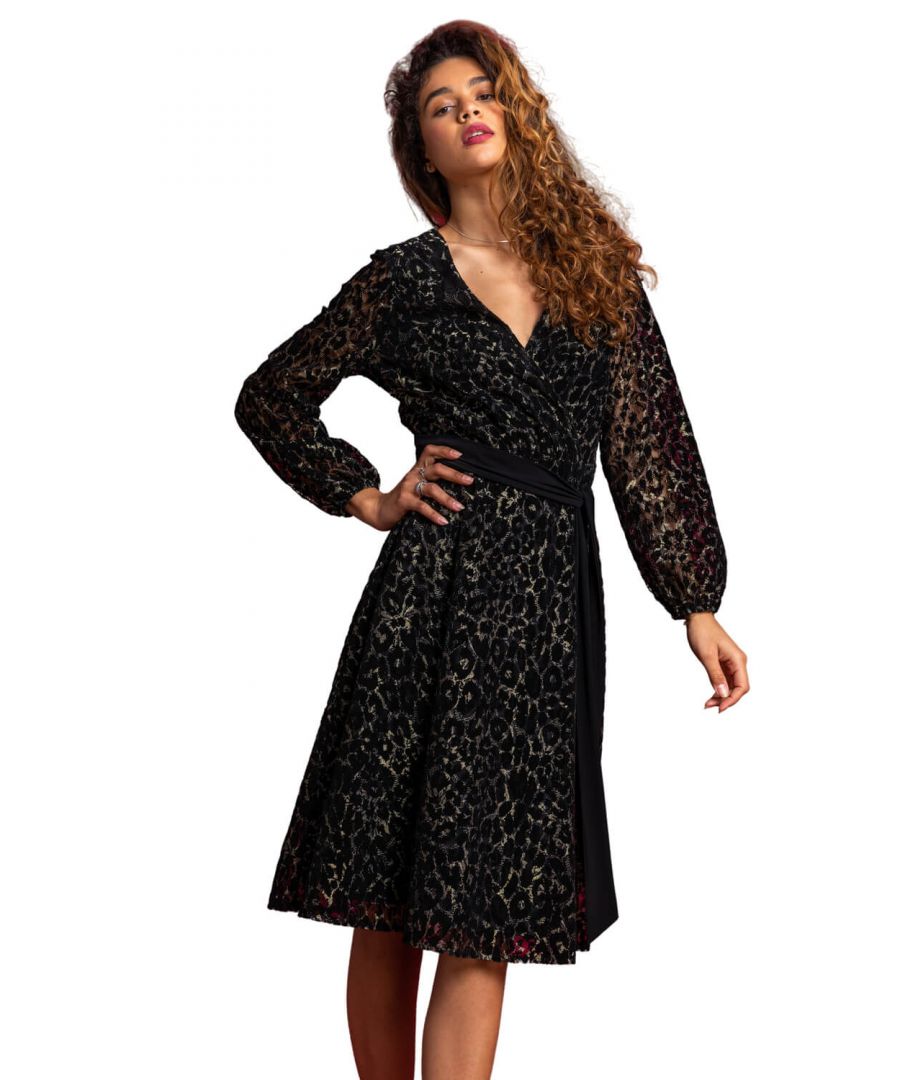 Roman Womens Shimmer Animal Print Lace Wrap Dress - Black - Size 12 Uk