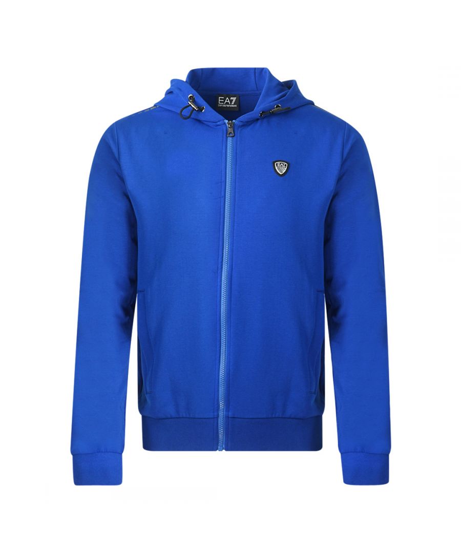 EA7 metalen borstlogo blauwe hoodie met rits. EA7 blauwe hoodie. Stijlcode: 3HPM82 PJP7Z 1570. 95% katoen, 5% elastaan. Geribbelde mouw- en taille-uiteinden. Trekkoord banden