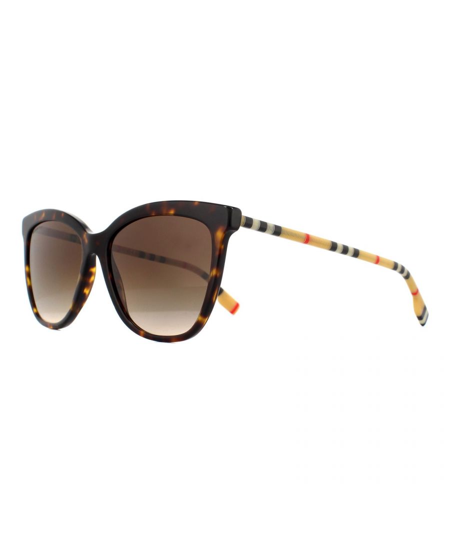 Burberry Sunglasses BE4308 385413 Dark Havana Brown Gradient have an elegant and slightly oversized square frame featuring a modern approach to their iconic check branding along the temples.