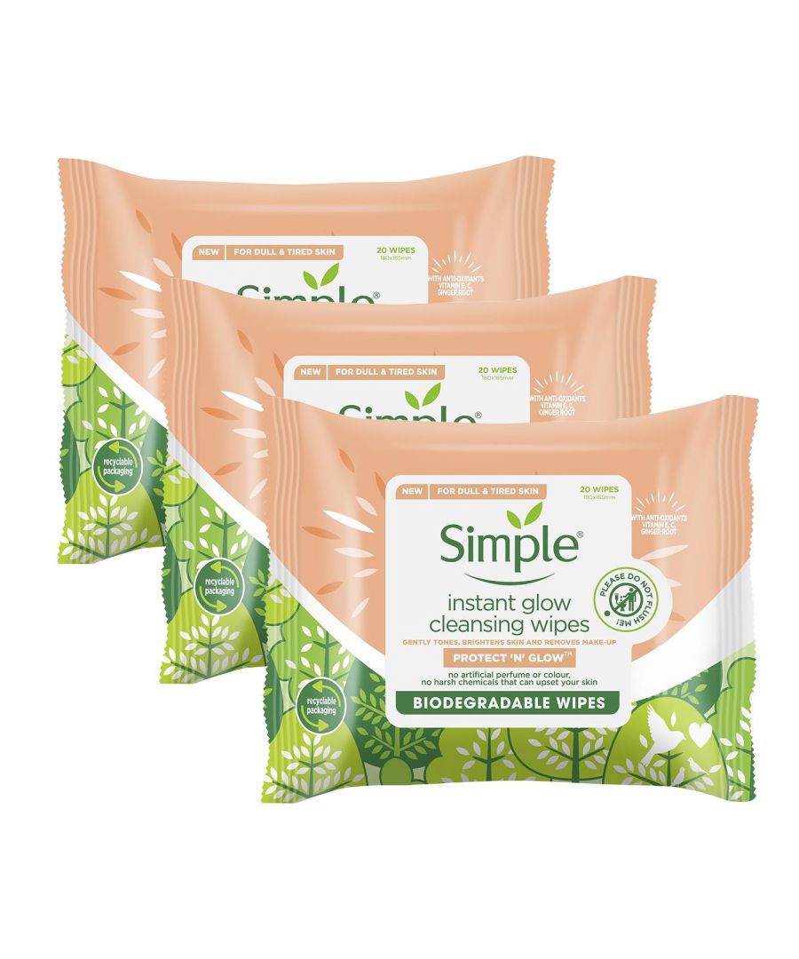 Tired of tired-looking, dull skin? We hear you. Simple Instant Glow wipes act as a makeup remover while brightening for instantly glowing skin. Made with antioxidants vitamin C & E and ginger root, our face wipes are tough on makeup but gentle on the skin, perfect to be used daily, even on sensitive skin. They are great to use alongside our Triple Protection Moisturiser with SPF 30 to provide long-lasting protection against UVA & UVB rays, pollution, and blue light. These biodegradable makeup wipes are perfect for even sensitive skin, containing no artificial perfumes, colours, or alcohol. We leave out any harsh chemicals that can upset your skin. These skin cleansing wipes are dermatologically tested and approved. We believe in continuously working to be kinder to the planet, which is why our Simple Instant Glow Wipes are biodegradable.\n\nKey Features:\nSimple Biodegradable Instant Glow Wipes brighten skin and remove makeup for instantly glowing skin.\n\nThese biodegradable makeup wipes have no artificial perfume or colour and no harsh chemicals that can upset your skin.\n\nMade with antioxidants vitamins C & E and ginger root.\n\nOur Instant Glow wipes are gentle for everyday use but effective enough to remove makeup.\n\nThese wipes are made with wood pulp, biodegrading in only 42 days under home and industrial compost conditions.\n\nBeing kind to animals is very important to us, these wipes are vegan, and Simple is certified cruelty-free by PETA - we don’t test on animals anywhere in the world.\n\nHow to use : \nStep 1: Gently wipe over your face and neck to cleanse the skin\nStep 2: Remember to reseal the pack to prevent the wipes from drying out.\nIngredients: Aqua, Cetearyl Isononanoate, Benzoic Acid, Ceteareth-12, Ceteareth-20, Cetearyl Alcohol, Citric Acid, Dehydroacetic Acid, Disodium EDTA, Glycerin, Glyceryl Stearate, Panthenol, Pantolactone, Phenoxyethanol, Sodium Citrate, Tocopheryl Acetate\n \nBox Contains: Simple Protect 'N' Glow Wipes