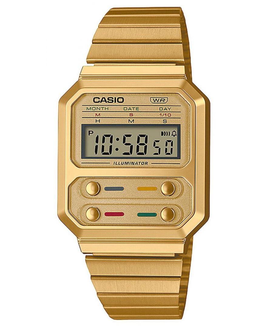 This Casio Casio Collection Vintage Digital Watch for Men is the perfect timepiece to wear or to gift. It's Gold  Rectangular case combined with the comfortable Gold Stainless steel watch band will ensure you enjoy this stunning timepiece without any compromise. Operated by a high quality Quartz movement and water resistant to 3 bars, your watch will keep ticking. This sporty and trendy watch is a perfect gift for New Year, birthday,valentine's day and so on  -The watch has a Calendar function: Day-Date, Stop Watch, Alarm, Light High quality 21 cm length and 19 mm width Multicolour Stainless steel strap with a Fold over clasp Case Measurement: 32x36 mm,case thickness: 9 mm, case colour: Gold and dial colour: Gold