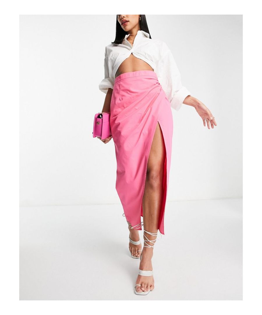 Midi skirt by ASOS DESIGN Thanks, it's ASOS High rise Wrap front Ruched detail Thigh split Regular fit  Sold By: Asos