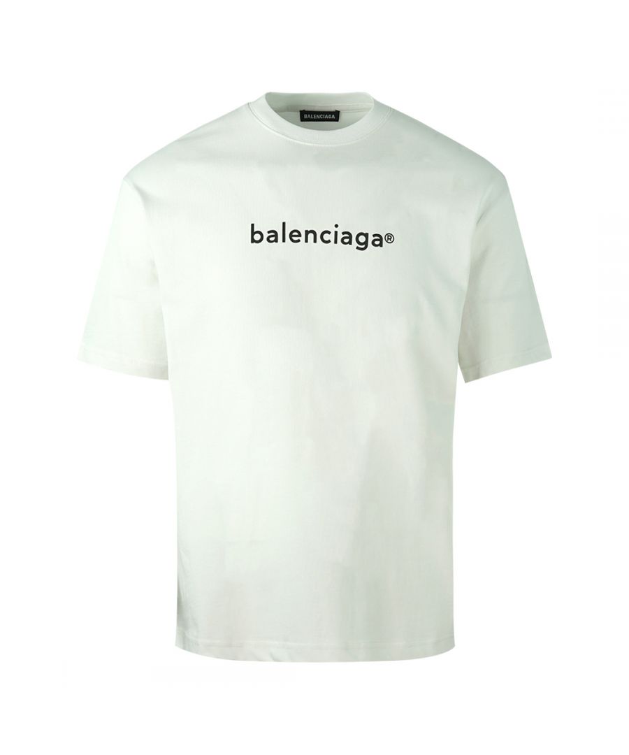 Balenciaga Copyright Logo White Oversize T-shirt. Short Sleeved White T-Shirt. Printed Branding, Ribbed Crewneck. 100% Cotton. Oversize Style. Style Code: WL0 612966 TIV54 9040