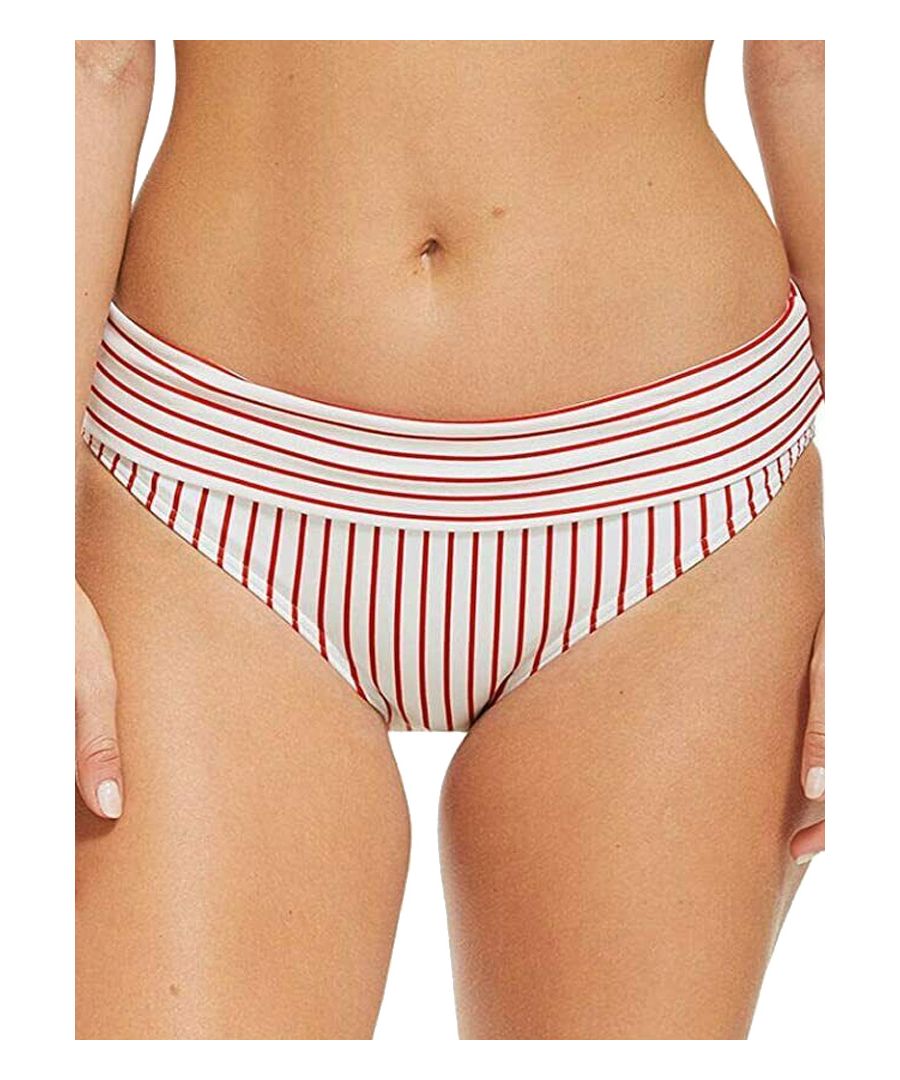 This Figleaves Castaway Fold Bikini Bottom features a striking stripped design with contrasting waistband. Fully lined bottoms for comfort. Mid rise and good overall coverage.