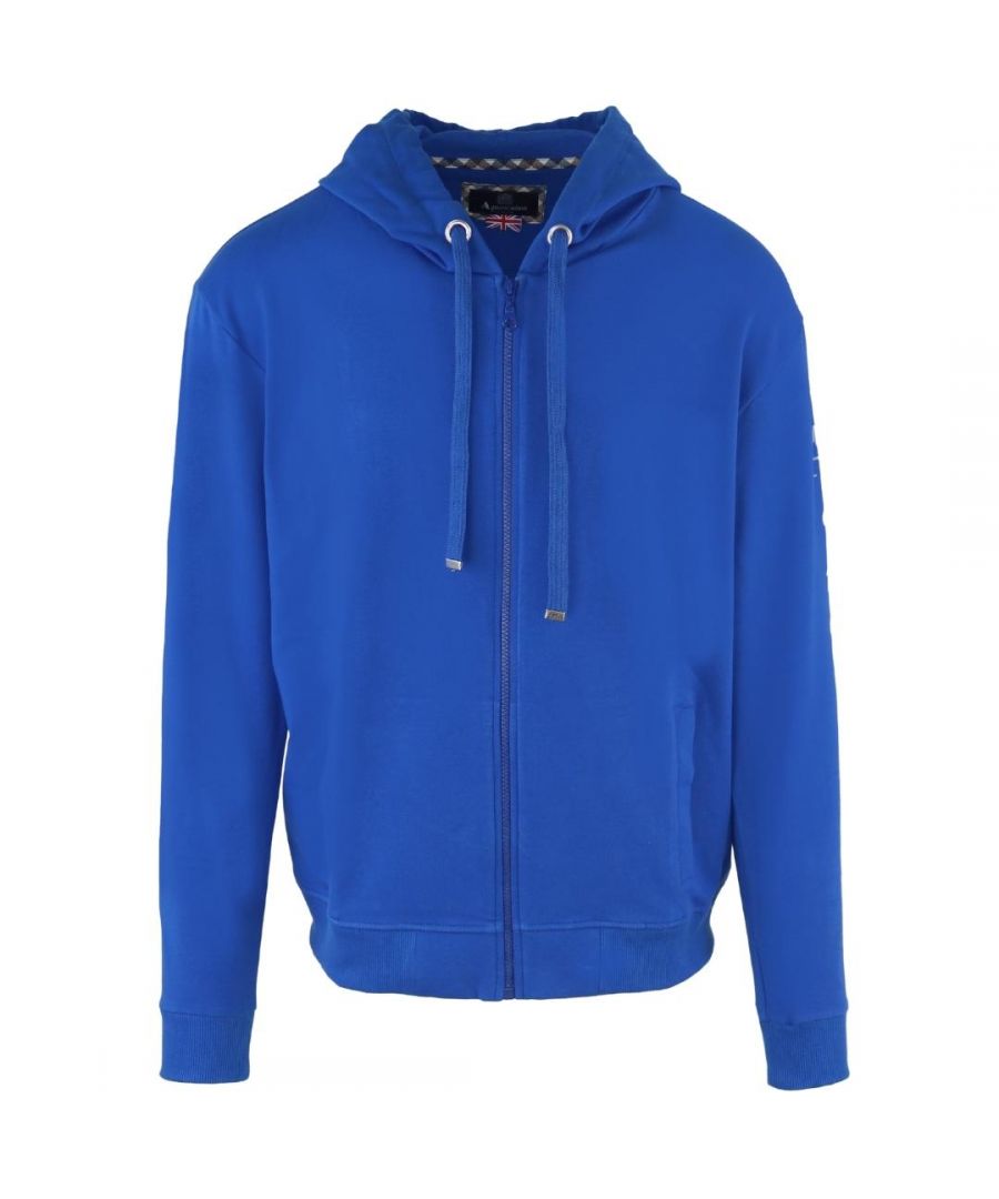 Aquascutum Aldis-logo blauwe hoodie met rits. Elastische mouwuiteinden en taille, capuchon met trekkoord. Sweatshirt van 100% katoen, grote kangoeroezak. Normale pasvorm, valt normaal qua maat. Stijlcode: FZIA37 81