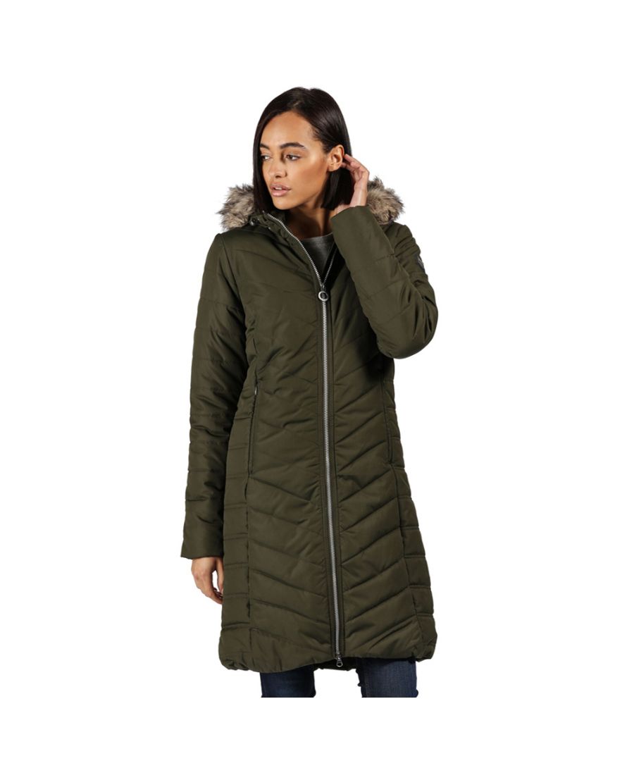 100% Polyester water repellent baffle micro poplin fabric. Synthetic Warmloft down-touch water repellent insulation. Polyester taffeta lined. Internal security pocket. Grown on hood with faux fur trim. 2 way centre front zip. 2 concealed lower zip pockets.