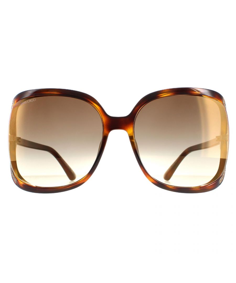 Jimmy Choo Butterfly Womens Dark Havana Brown Gradient Tilda/G/S  Tilda/G/S are a stunning butterfly style which feature a cool gap at the sides where the sunglasses start to wrap around the face. This is embellished with sparkly glitter like finish and a funky hinge design.