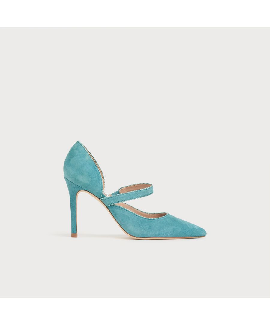 Shapely and stylish, our Florence courts are a brand new style this season and are part of our Reimagine capsule collection. Crafted in Spain from super-soft light blue suede with a picot trim in matching leather, they have a pointed toe, a sweetheart cut, a Mary Jane strap over the foot and a 100mm stiletto heel. Perfect for the occasions, wear them with elegant silk dresses or playful tailoring.