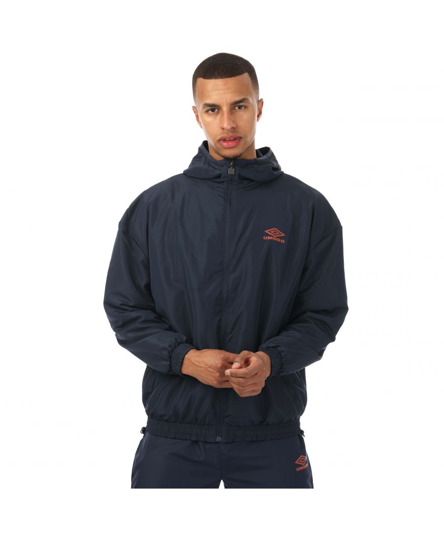 Mens Umbro Diamond Light Weight Rain Jacket in navy.- Scuba style hood.- Taped pockets offer handy  secure storage of small valuables.- Elasticated binding on the cuffs.- Drawcords to the hem with adjustable toggles.- Ripstop fabric provides lightweight protection.- Umbro Diamond logo to the front chest.- Mesh lining.- Snug fit.- Body: 100% Polyester. Lining: 100% Polyester.- Ref: UMJM0640OG6NAV