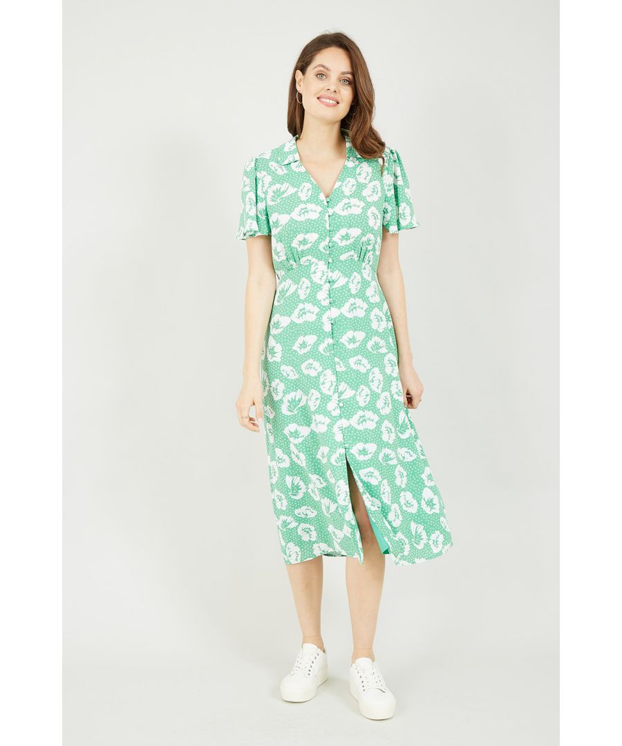 Peppered with ditsy floral print, created with a gently cinched-in waist, this Green Floral Print Midi dress is guaranteed to make you feel exceptional. With the soft fluttery sleeves, button down shirt style and Midi length, this is a Spring essential. The shape will flatter your figure and the bold floral print adds to the classic and pretty feel of this dress. The ultimate day to night piece, wear alone with heels to stun in the evening or dress down with trainers and straw bag for those sunny spring afternoons.