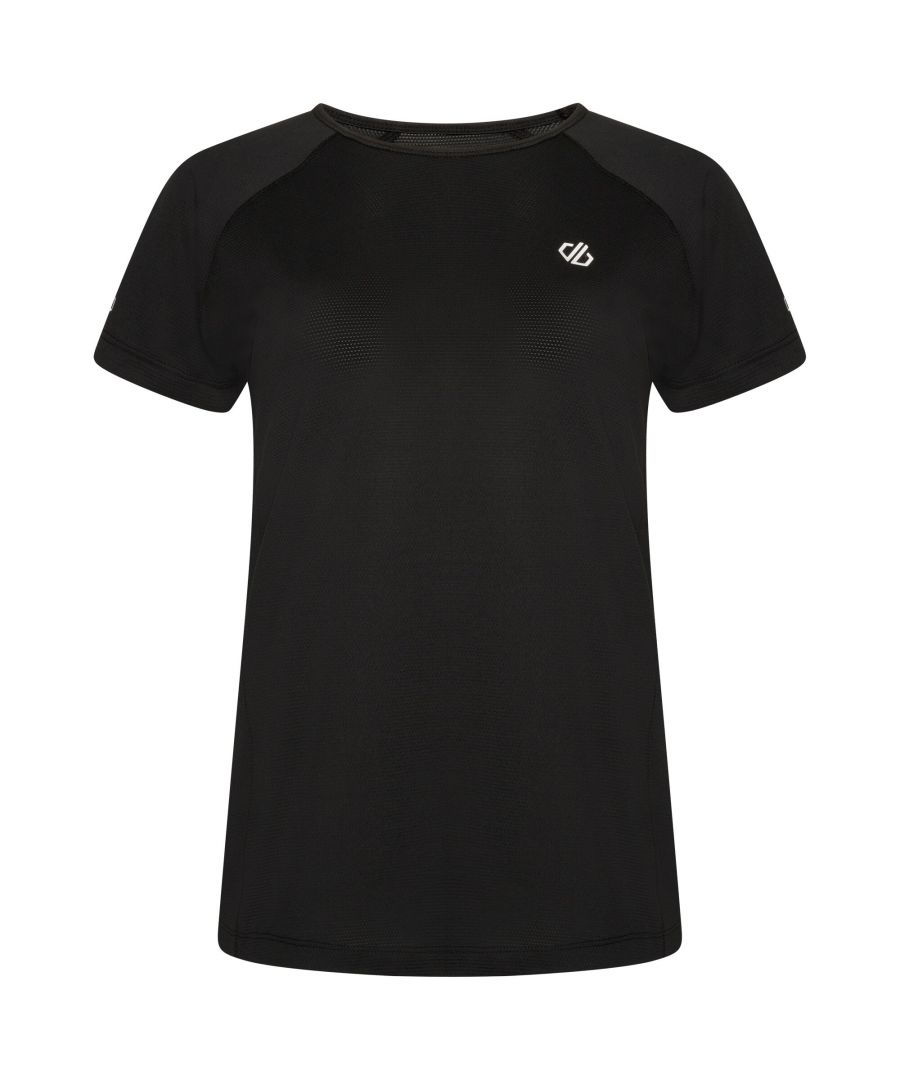 Material: 100% Polyester (Q-Wic lightweight polyester fabric). Stretchy and quick drying short sleeved work-out t-shirt with cooling, breathable mesh panels. Features a reflective trim and small Dare 2B logo.
