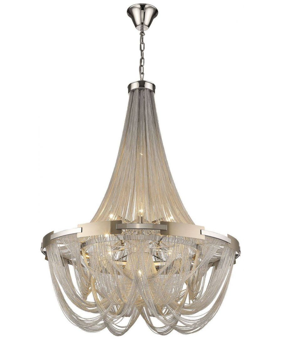 There is a sense of grandeur surrounding this chandelier inspired design. is available in a choice of fittings, with this silver finish fitting available in a smaller size, as well as a brass finish. A two-tiered fitting is also offered, in a silver finish. The design is classic with a modern twist, and has fine copper chains cut to varying lengths, giving it an eye-catching appearance and beautiful shape. Class one. Dimmable and including a two year guarantee, except when mounted within five miles of the coastline. | Finish: Silver | Material: Metal | IP Rating: IP20 | Height (cm): 210 | Min Height (cm): 140 | Max Height (cm): 210 | Diameter (cm): 80 | No. of Lights: 10 | Lamp Type: E14 | Dimmable: Yes | Wattage (max): 40 | Weight (kg): 12