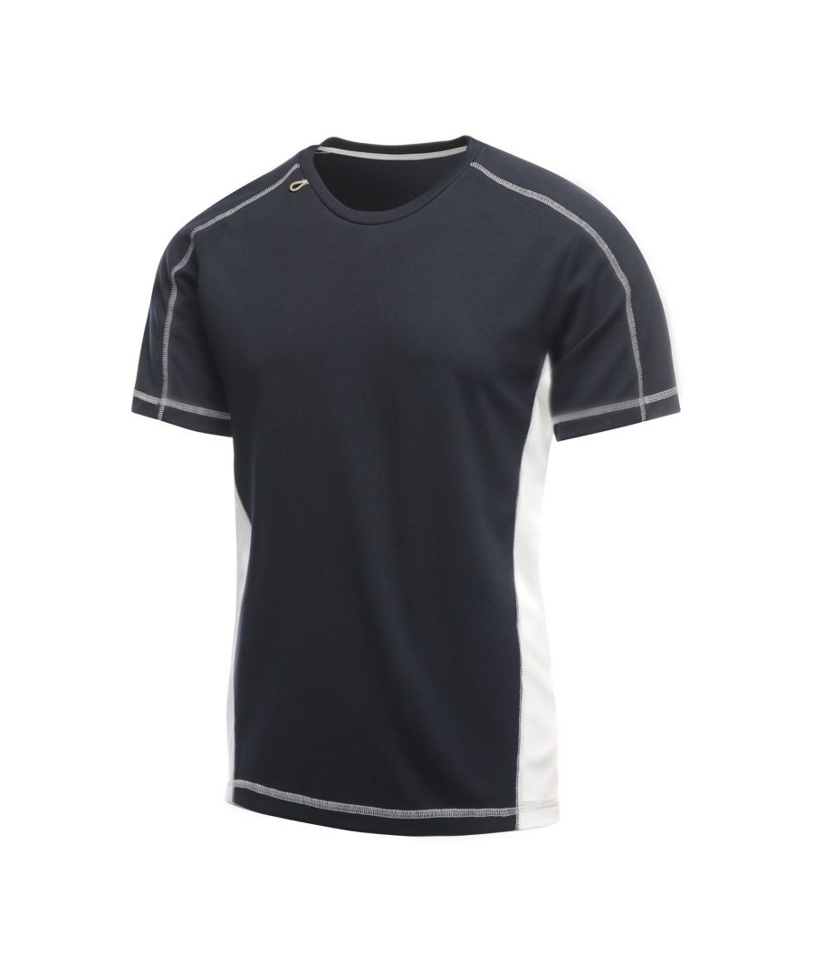 100% polyester. Mens short sleeve t-shirt. Lightweight Isovent pique fabric with natural stretch helps to keep you cool and dry by efficiently wicking sweat to the surface. An  finish keeps you feeling fresher for longer. Made with ergonomic, flat seams and no labels to give â€˜no rubÂ´ active comfort. Streamline panelling gives a high energy look. A compact earphone loop helps to keep you in the zone. Regatta Activewear Mens sizing (chest approx.): XS (36in/92cm), S (38in/97cm), M (40in/102cm), L (42in/107cm), XL (44in/112cm), XXL (47in/119cm), XXXL (50in/127cm), XXXXL (53in/134.5cm).