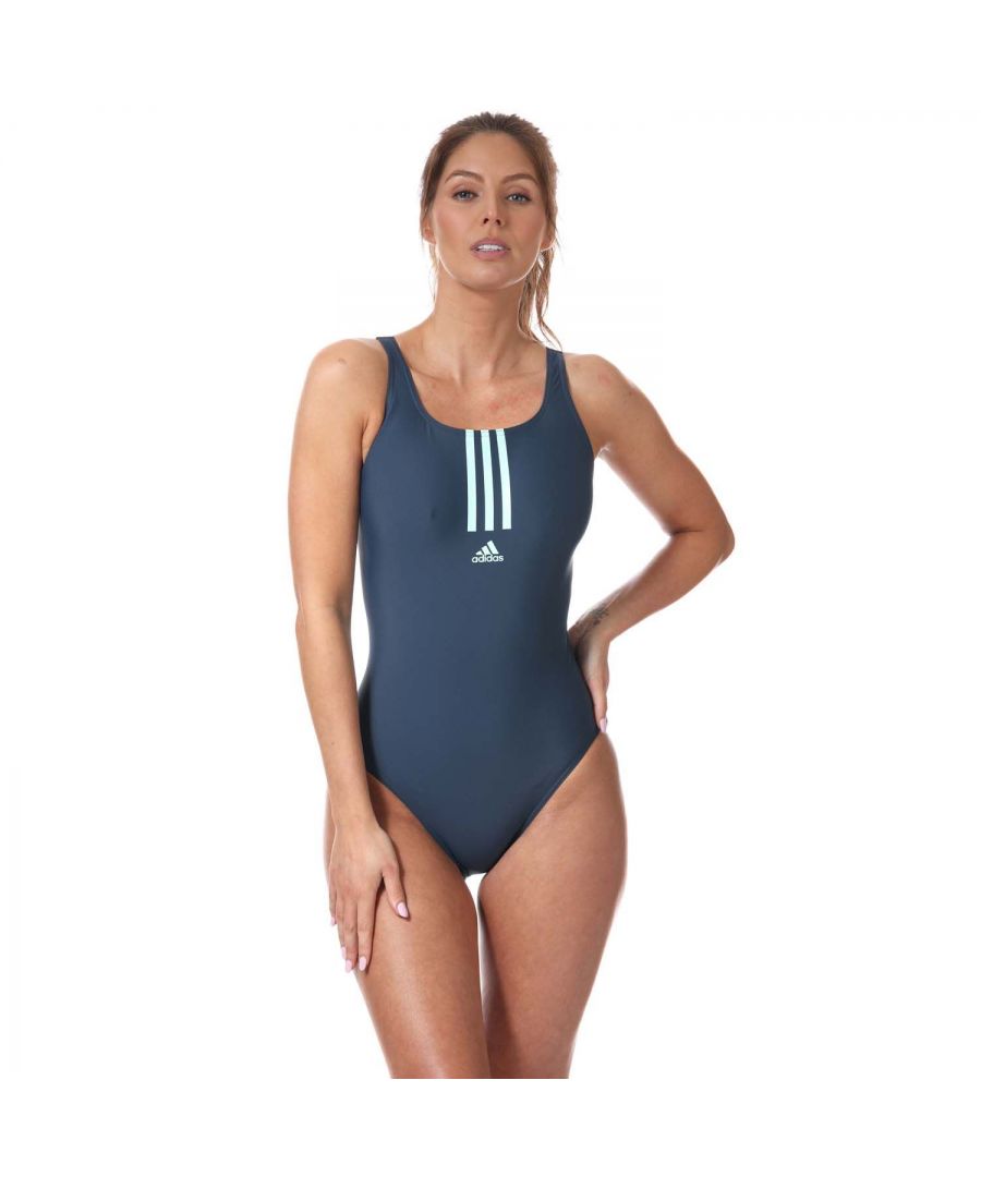 Womens adidas SH3.RO Mid 3- Stripes Swimsuit in navy.- Wide elastic straps with V-back.- Medium leg cut.- Ultra-flat fabric with a soft feel.- Infinitex Fitness Eco chlorine-resistant fabric.- 3-Stripes and an adidas Badge of Sport logo on the front.- 50+ UV factor.- Comfortable fit.- Shell: 78% Polyamid (Recycled)  22% Elastane. Lining: 100% Polyester (Recycled).- GM3924Please note that returns will only be accepted if the hygiene label is still attached to the product.