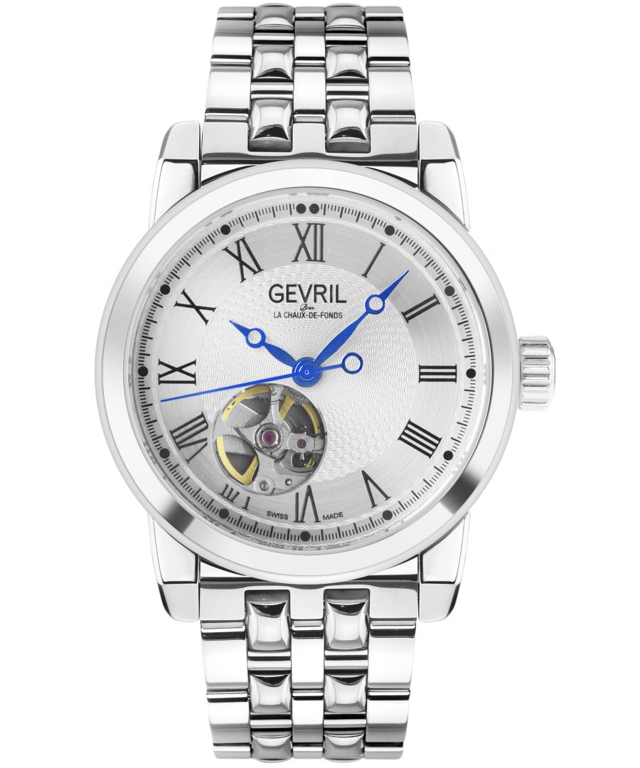 Like a fine suit or smooth scotch, Gevril’s Madison Collection proves straightforward and sophisticated always wins. Like Madison Avenue itself, luxury prevails in the sleek 39mm round Stainless Steel Case with an Exhibition Back. Whether on Italian leather or Stainless Steel bracelet with deployment buckle, the Madison man is bold, authoritative and decisive. The limited edition open-heart window highlights Gevril’s powerful Ruben & Sons Swiss Automatic movement below anti-reflective Sapphire crystal. Precision-ready construction is water resistant up to 50 meters.  Perfect for the real life Mad Man, the Madison Collection demands attention. \n\nGevril Men's Swiss Automatic from the Madison Collection\n\n39mm Round SS Case Silver Dial with Exhibition Case Back\nOpen Heart Window-Limited Edition\nScrew Down Crown\n316L Stainless Steel bracelet With Deployment Buckle\nAnti-reflective Sapphire Crystal\nWater Resistant to 50 Meters/5ATM\nSwiss Automatic Movement