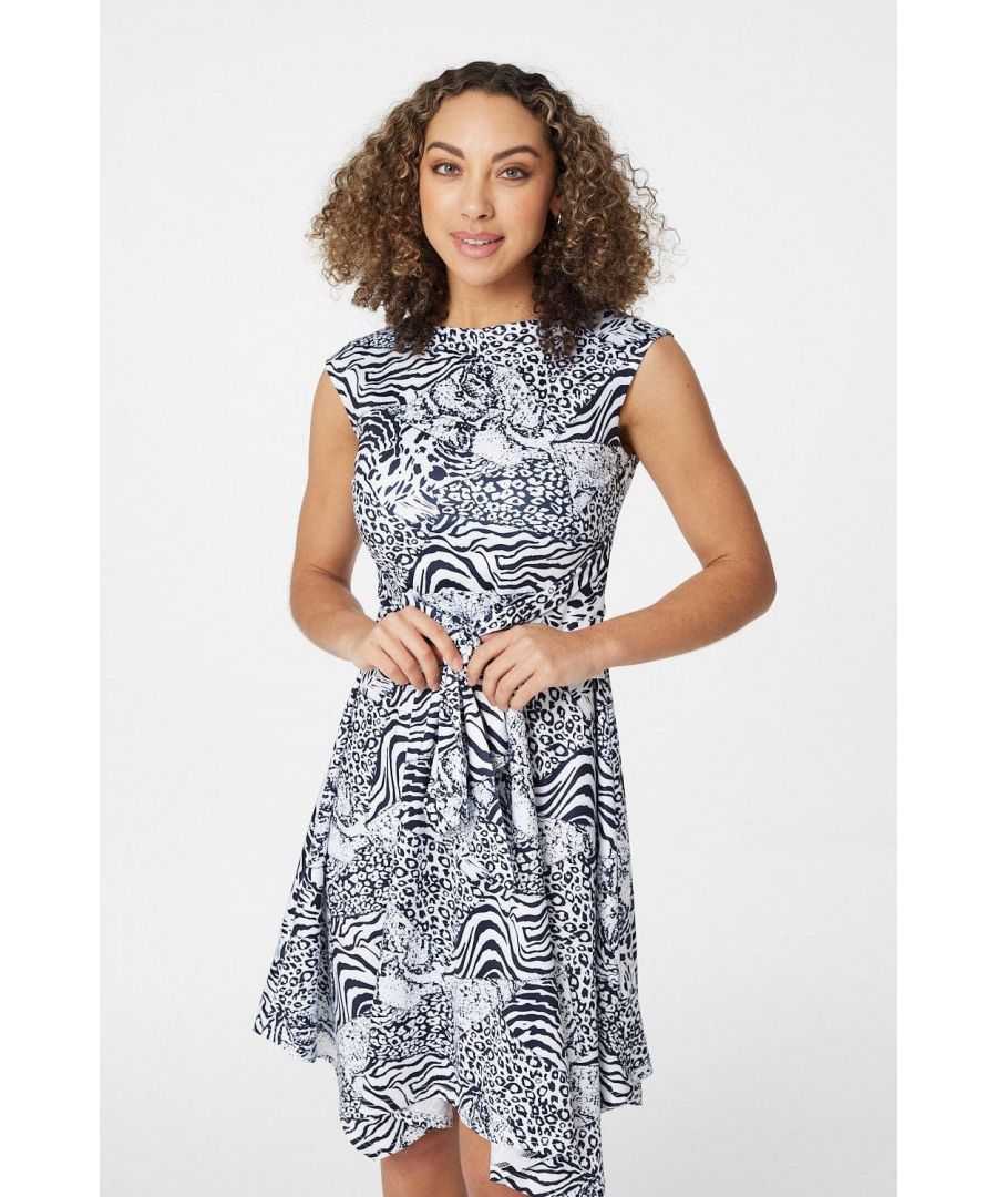 Izabel London Womens Black And White Animal Print Hanky Hem Dress Jersey - Size 8 UK