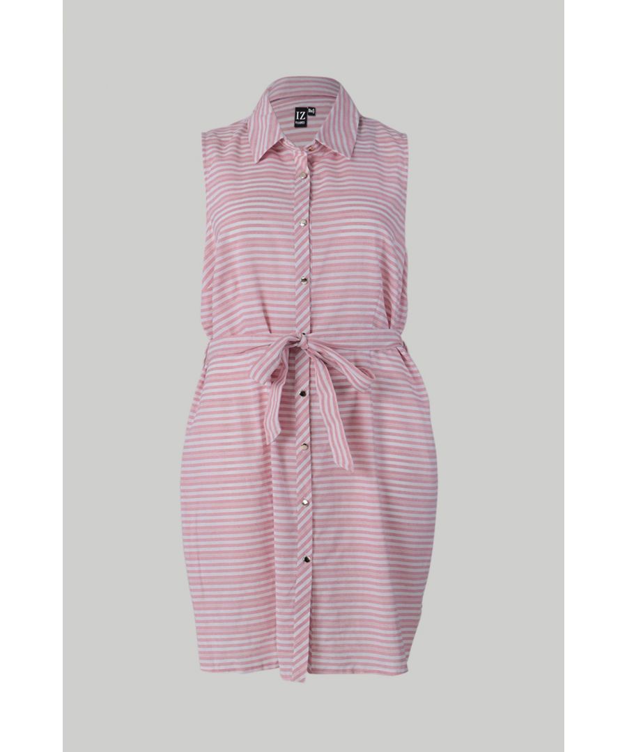 GoCasual in this button front striped shirt dress. It is sleeveless, has a tie waist belt and sits on the knee. Wear with trainers during the day or dress up with heels in the evening.