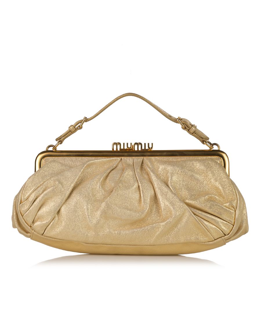 VINTAGE. RRP AS NEW. This clutch bag features a leather body, a flat handle, a gold-tone chain strap, a top frame closure, and an interior zip pocket.\n\nDimensions:\nLength 12cm\nWidth 29cm\nDepth 5cm\nHand Drop 8cm\nShoulder Drop 44cm\n\nOriginal Accessories: Dust Bag\n\nSerial Number: 37\nColor: Gold\nMaterial: Leather: Calf x Leather\nCountry of Origin: Italy\nBoutique Reference: SSU174074K1342\n\n\nProduct Rating: VeryGoodCondition\n\nCertificate of Authenticity is available upon request with no extra fee required. Please contact our customer service team.