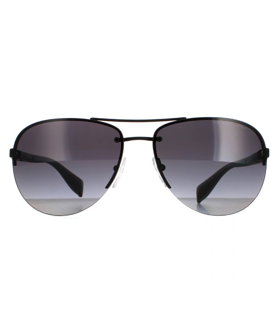 Prada Sport Aviator Mens Black Rubber Grey Gradient Polarized PS56MS  PS56MS are a semi-rimless frame in the pilot style with a thin metal frame and relatively slim acetate arms with the classis Linea Rossa red stripe along the arms.