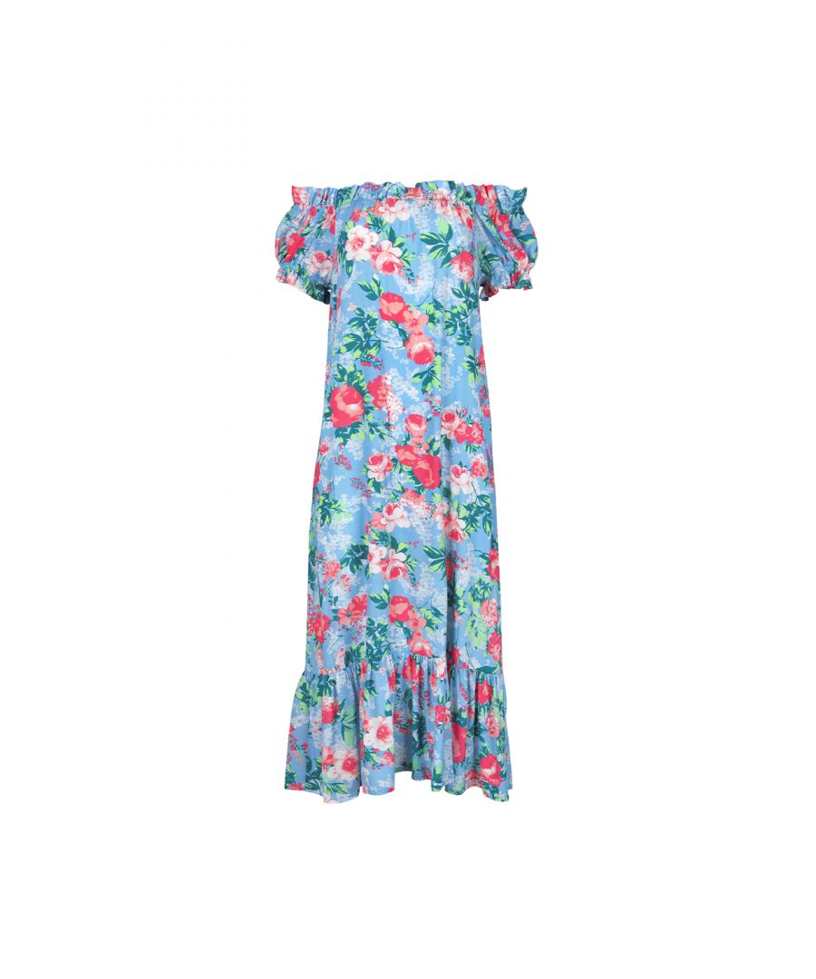 This maxi dress from the Lisca ‘Manila’ range is in a retro print. Features short, slightly ruched sleeves and can be worn off the shoulder or covered.