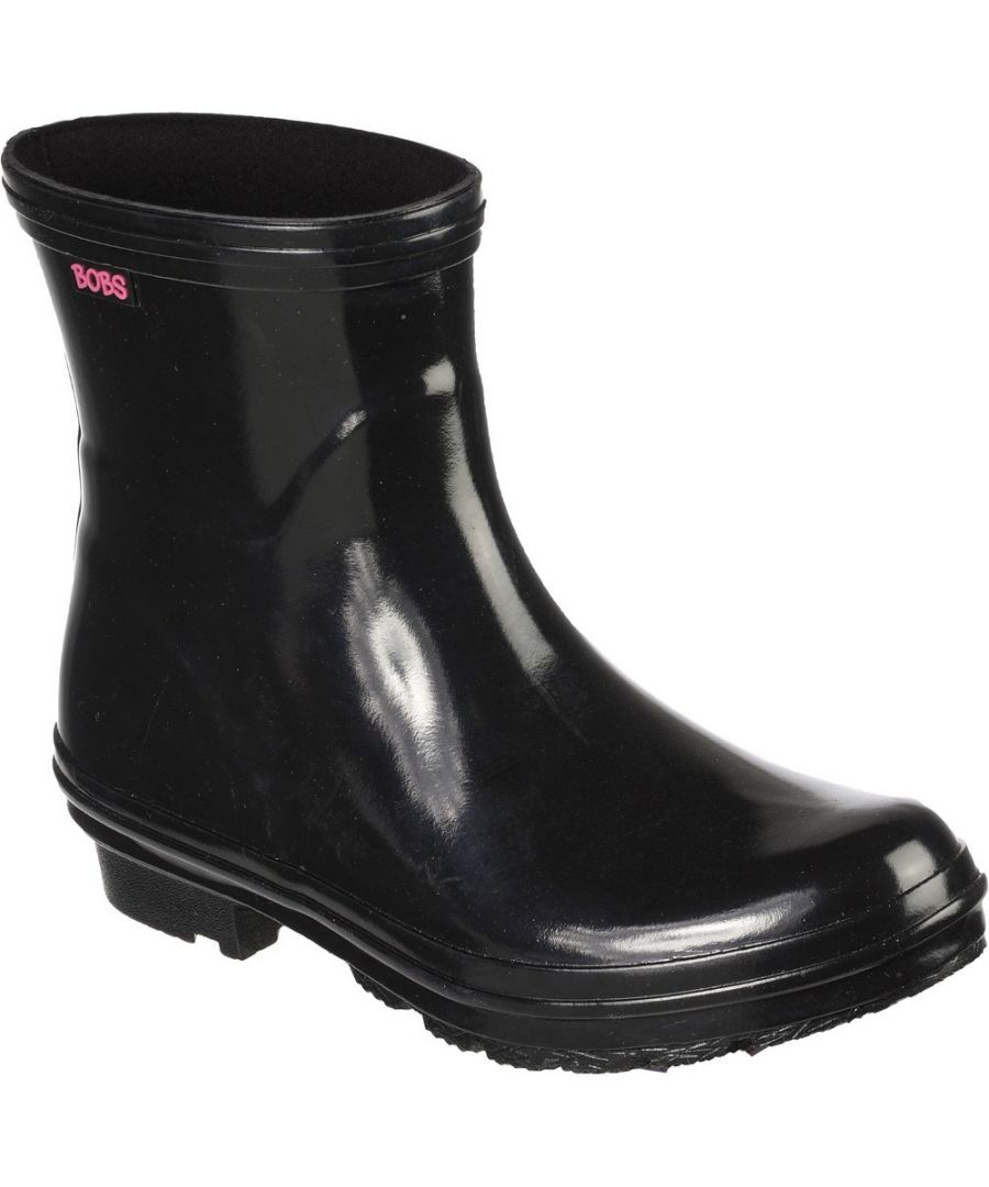 Keep your feet dry in easy-wearing comfort with BOBS from Skechers Rain Check - Neon Puddles. This waterproof slip-on rain boot features a mid-calf synthetic upper.\n- Seam-sealed waterproof design for rainy day wear- Smooth flexible synthetic upper with slip-on style- Cushioned comfort insole- Flexible leather traction outsole