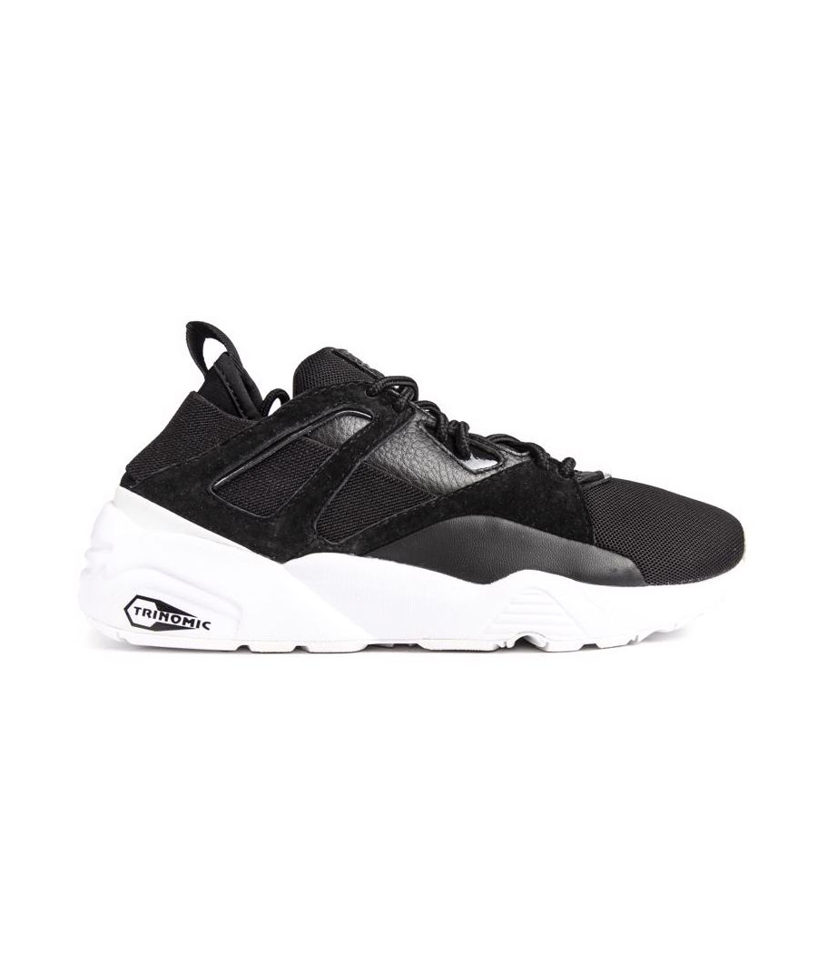 Womens black Puma sock elemental trainers, manufactured with textile and a rubber sole. Featuring: trinomic sole, soft foam insole, puma branding, sock fit and heel loop.