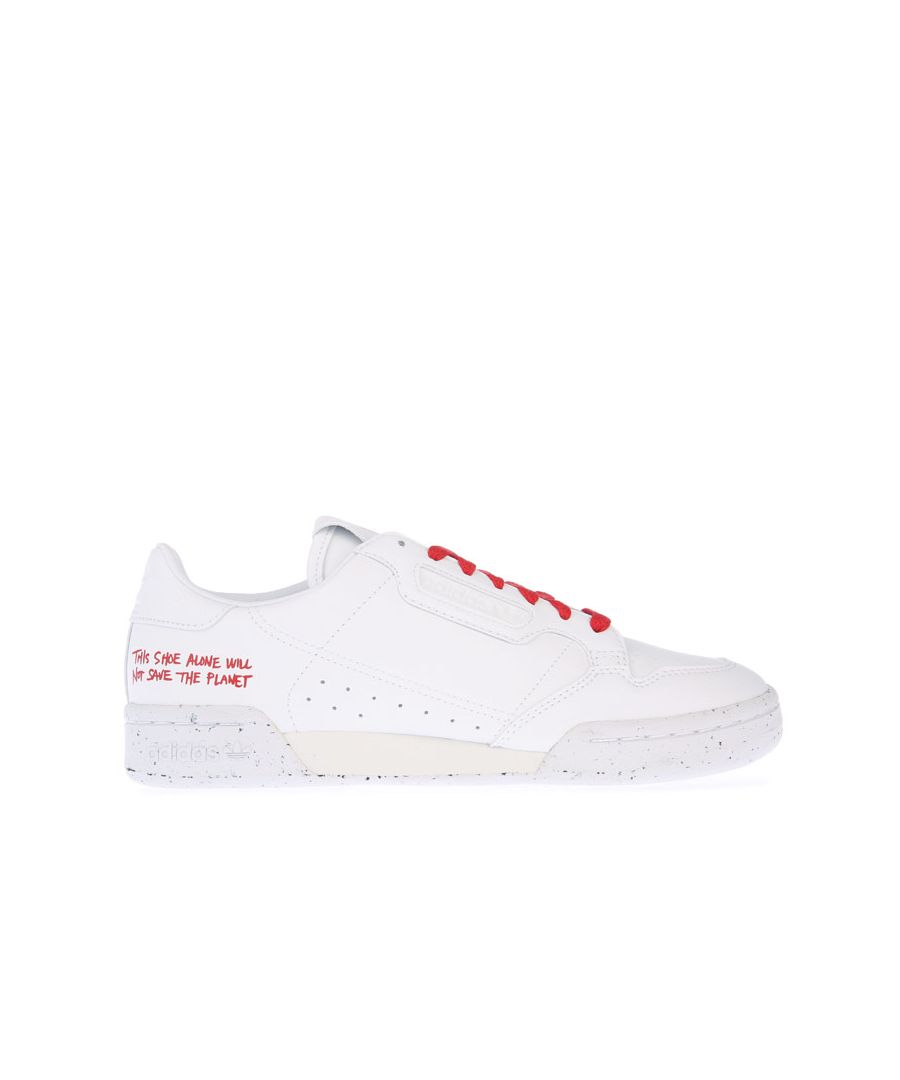 Mens adidas Originals Continental 80 Trainers in white red.- Vegan upper with 100% recycled polyester lining.- Lace closure. - Padded tongue and cuff.  - Algae-based EVA foam midsole. - OrthoLite® sockliner.- Perforated detailing for breathability.- Signature adidas branding.- Logo window to side. - Leather heel patch with debossed Trefoil logo.  - Regular fit.- Durable rubber outsole.- Synthetic and lining  Synthetic sole. - Ref.: FU9787