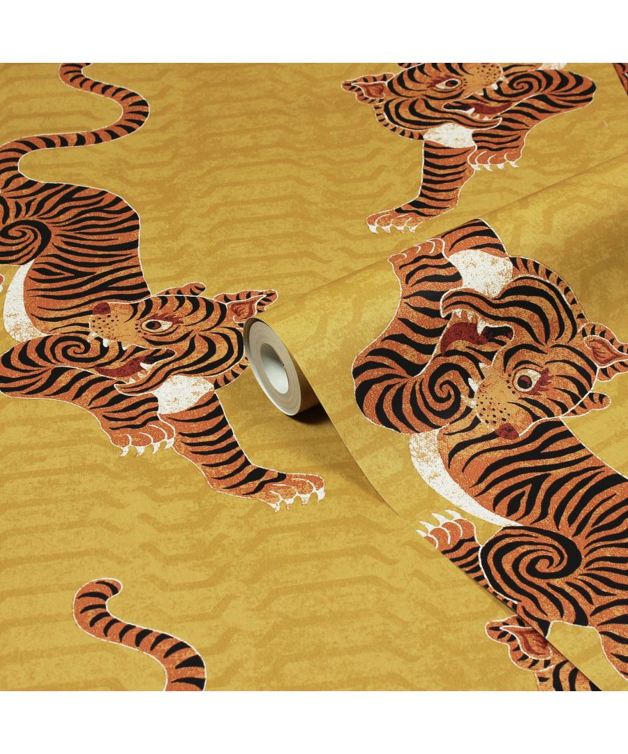 Add instant personality into your home with this showstopping Tibetan Tiger wallpaper featuring a tribal-inspired design and crawling tigers. The striking orange tiger contrasts on a bold mustard backdrop, adding dimension and flair to this beautiful wallpaper. This wallpaper is a paste the wall application; simply paste the wall, hang your paper, and leave to dry. Each roll is 10m long and 52cm wide. Pattern repeat: 53cm Straight Match. Our Tibetan Tiger wallpaper can be used to paper the whole room or to create an eye-catching feature wall. This wallpaper is also wipeable so that any light marks can be dabbed away.