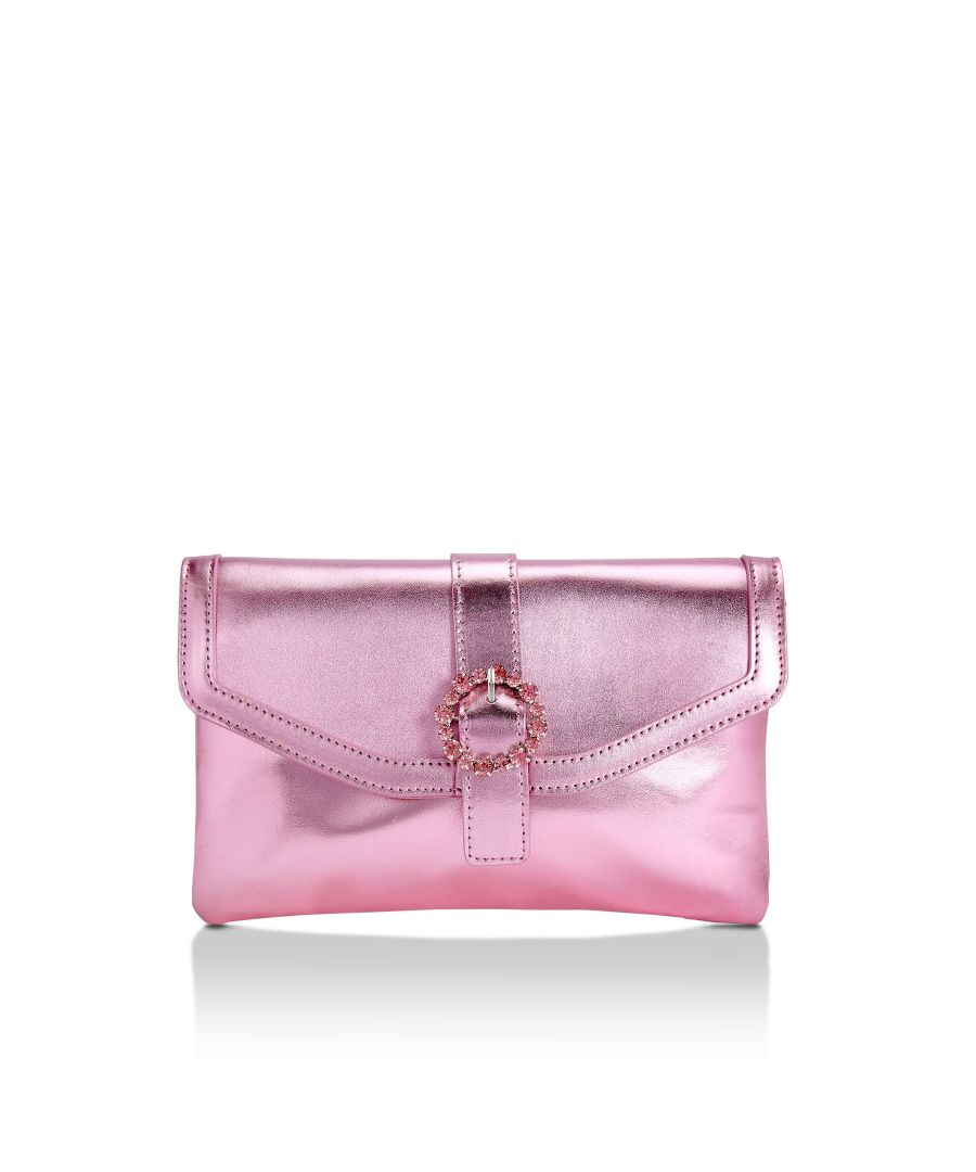 The Harmony is a clutch bag crafted in a metallic pink effect. The front features a round crystal buckle effect. Dimensions 16cm (H), 25cm (L), 2cm(D). Strap length: 90cm. Strap drop: 41cm.