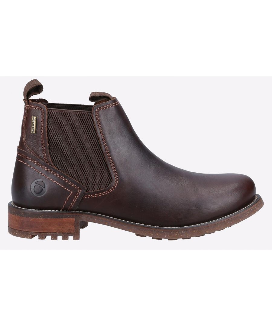 Inspired by the rolling hills of the Cotswold and terrains that demand more from your footwear, Hartpury is a rugged country Chelsea boot crafted with a premium waterproof Nubuck leather upper and lightweight recycled sole.\n- Men's rugged country boot crafted with a premium Nubuck leather upper- Inner breathable waterproof membrane- Uppers treated with a waterproofing protective layer- Pull-on Chelsea style with twin elastic panels- Front and rear heavy duty textile pull loops- Moisture wicking textile mesh lining- Lightweight recycled TPR sole- Embossed Cotswold branding on side