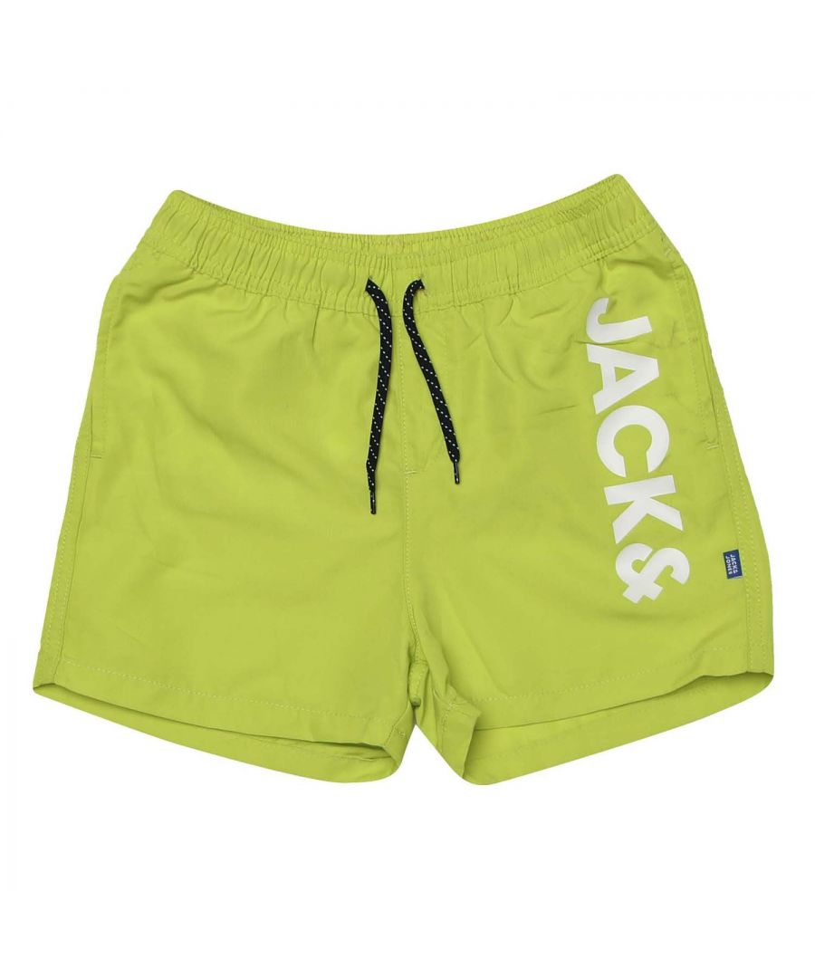 Junior Boys Jack Jones Aruba Swim Shorts in lime.-Elasticated drawcord waist.- Two slip pockets.- Mesh inner brief.- Printed branding.- Quick drying fabric.- Shell: 50% Polyester  50% (Recycled). Lining: 100% Polyester.- Ref: 12190191B