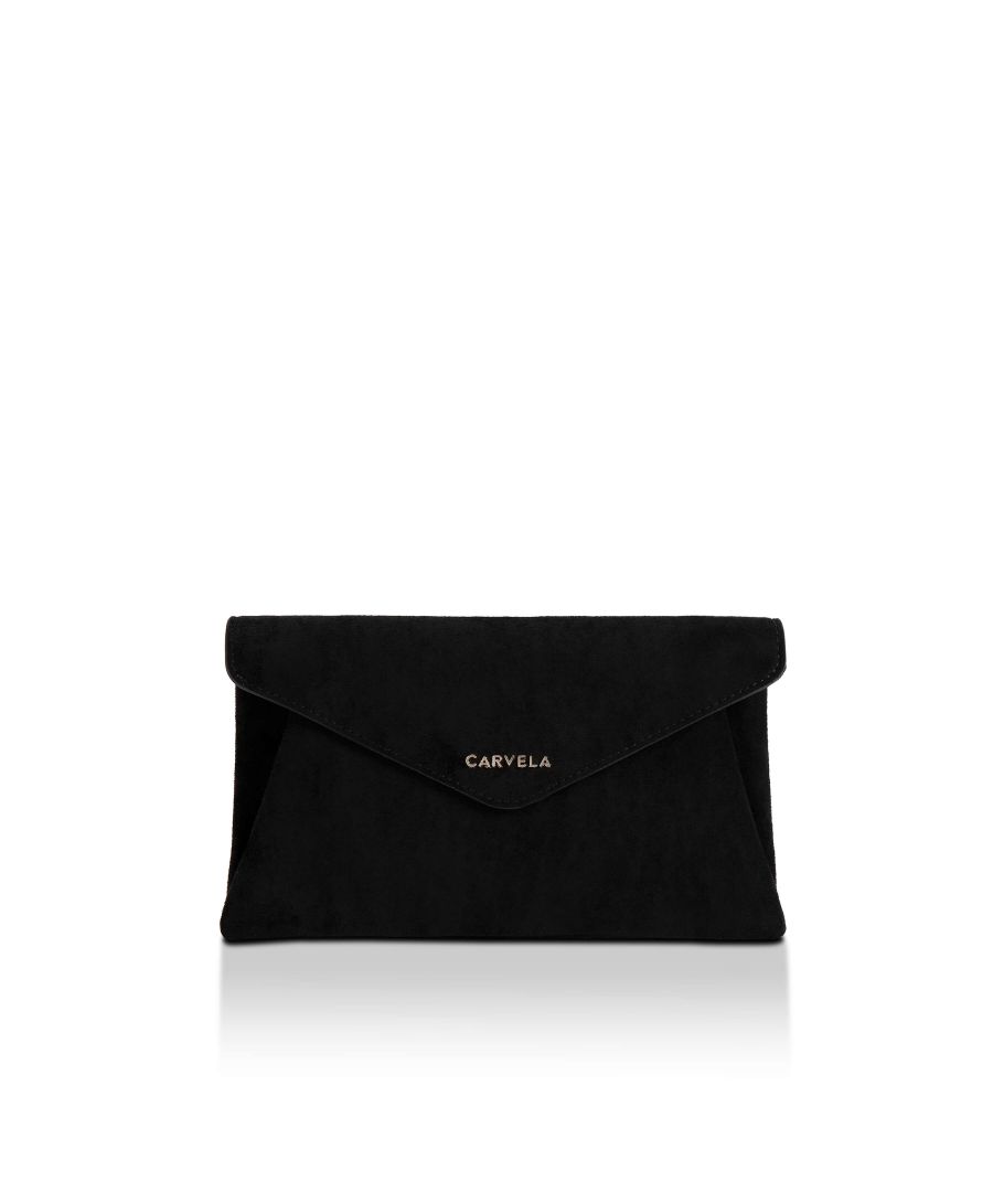 The Megan Envelope Clutch bag features a navy microsuede exterior with gold tone Carvela branding on the front flap.